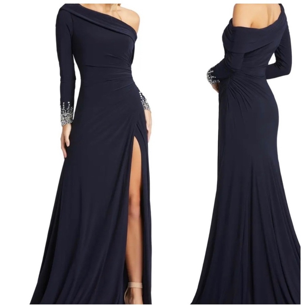 Ieena For Mac Duggal Off Shoulder‎ Jersey Gown Size 12 Black Ruched Crystal Cuff